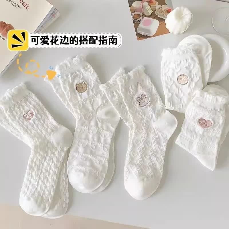 泡泡口白色袜子女棉袜可爱韩版JK少女中筒袜春夏透气中筒袜子j 5双装  中筒白色神话属于什么档次？