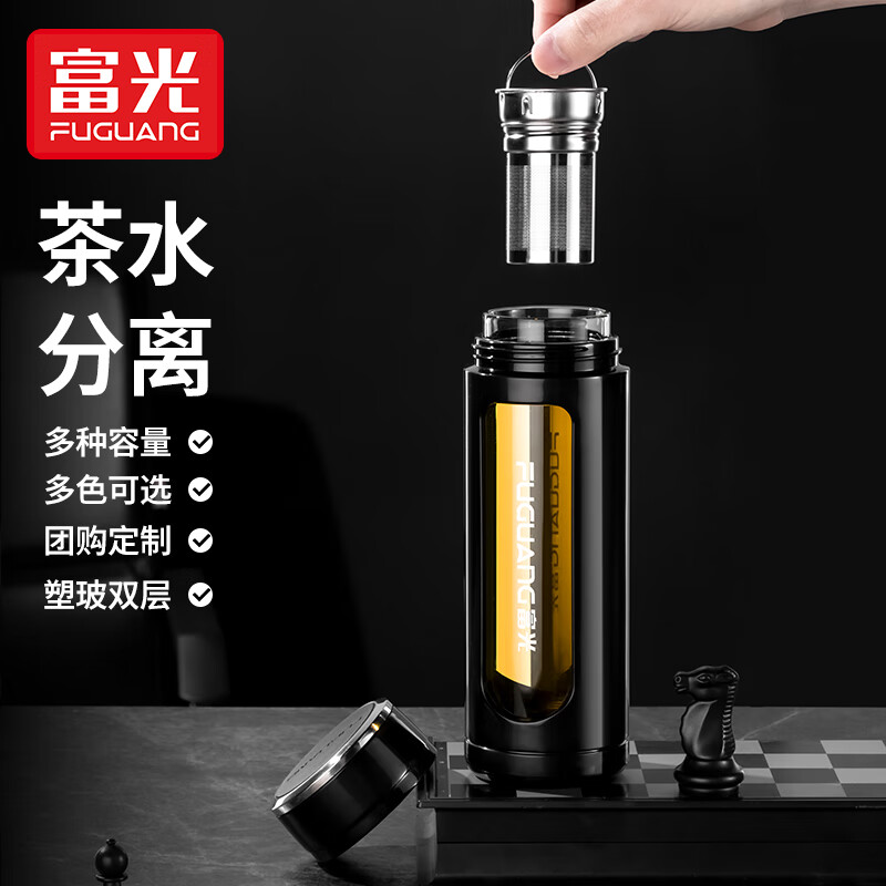 PJ玻璃杯塑玻杯防烫隔热车载防摔茶水分离车载商务茶杯 经典款大容量-蓝色1000ml