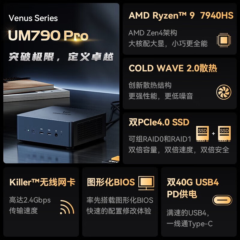 (MINISFORUM) UM790PRO ZEN4СڴϷ칫̨ʽ UM790Pro(R9 7940HS)°涥 ׼ϵͳ/ڴӲϵͳ