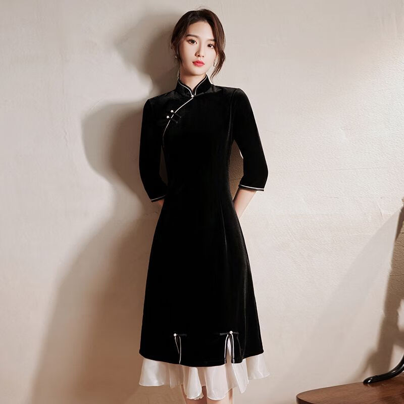 樊枫黑色金丝绒旗袍女长袖秋装新款复古改良轻款少女气质高端 374