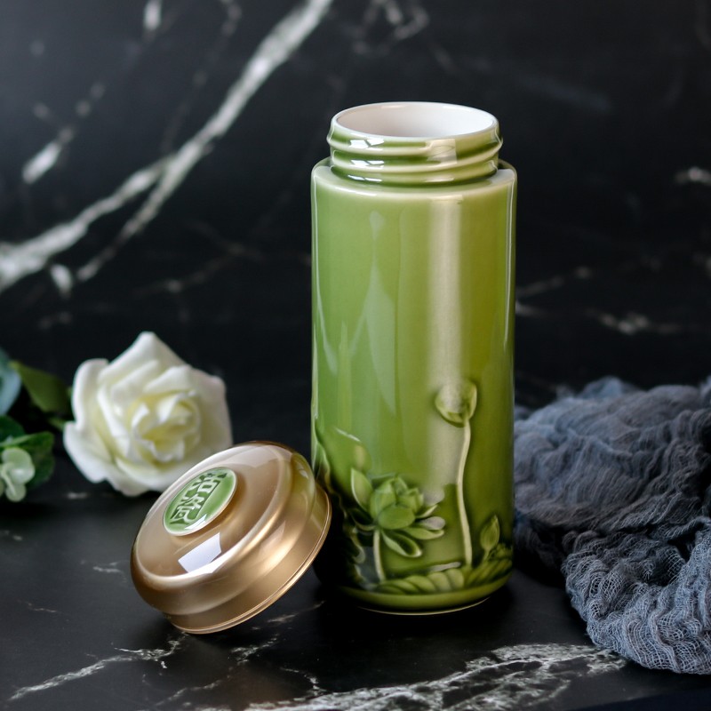 乾唐轩【官方授权】活瓷杯正品 和谐随身杯双层陶瓷水杯茶杯送人礼品 耀州绿（礼盒包装带杯刷杯套）