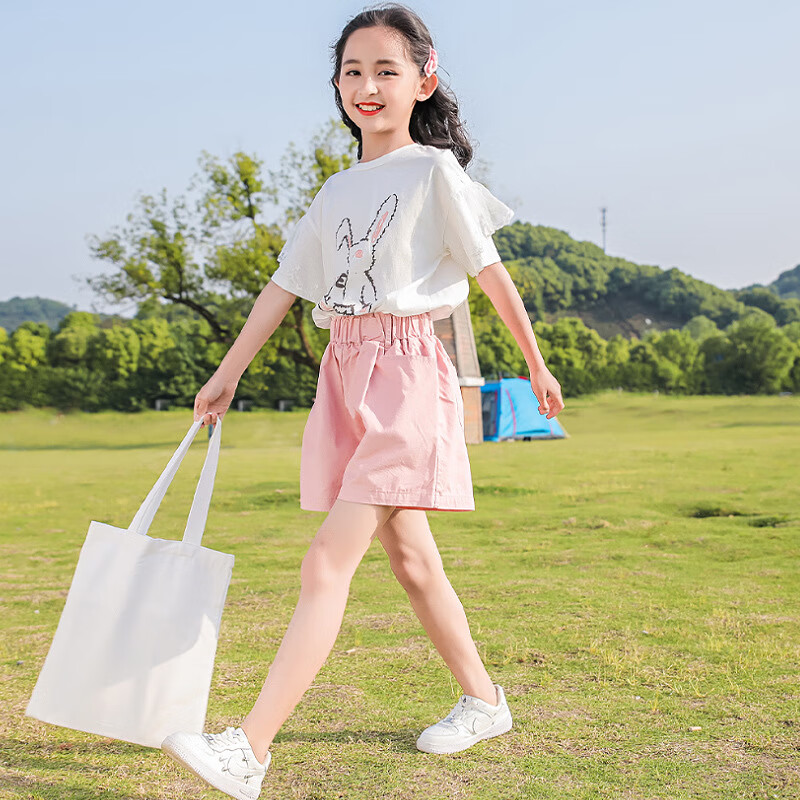 萌恬声儿童套装女童夏装9-12岁大童女装小学生短袖t恤宽松短裤两件套