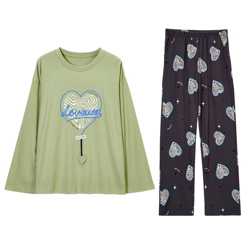 达尔丽睡衣女新款春秋款纯棉长袖爱心印花薄款家居服甜美可外穿套装 T8235250-019-绿色 L