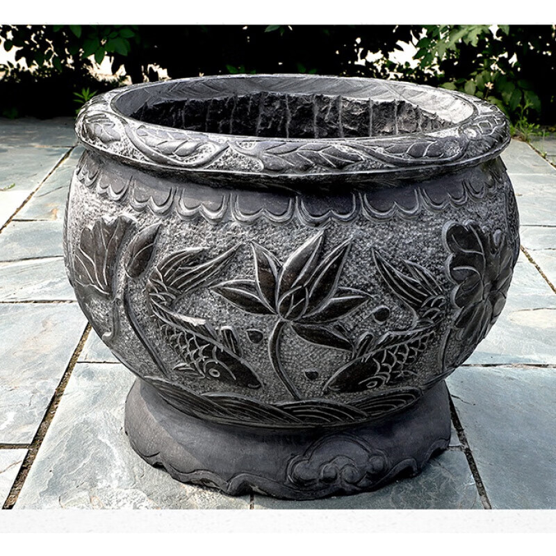 万棠青石石雕鱼缸花盆庭院户外半圆水缸天然石材精雕刻复古家用养鱼荷