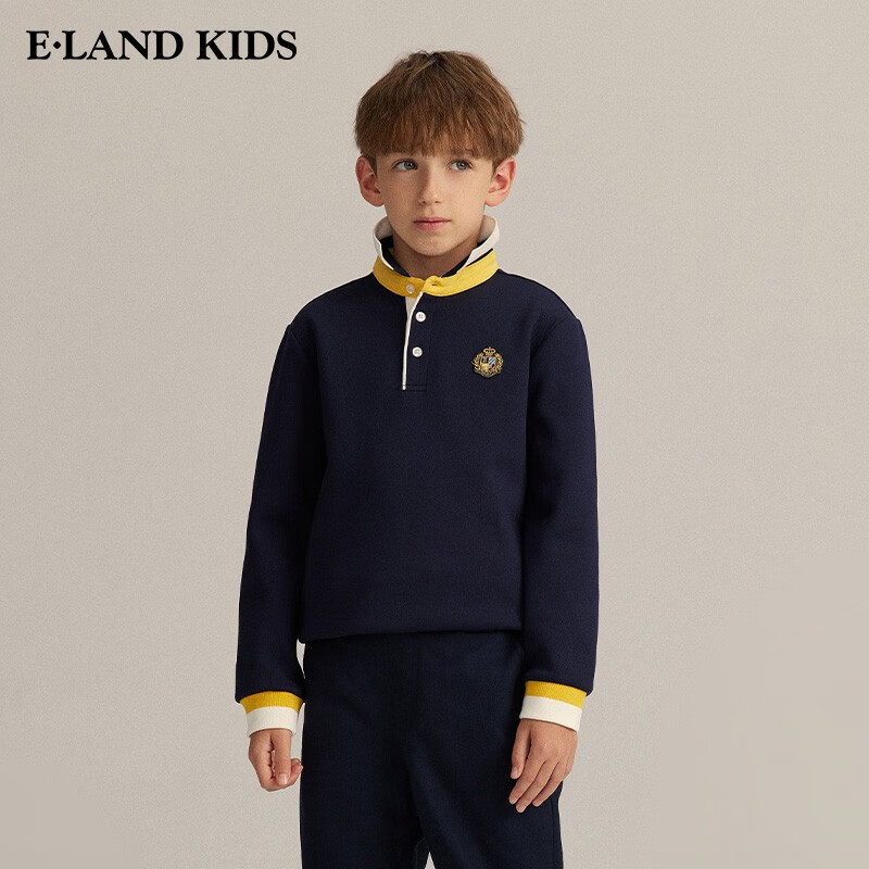 E·LAND KIDS童装2023年冬季新品男童复古条纹POLO领长袖T恤 Navy藏青色/59 130cm