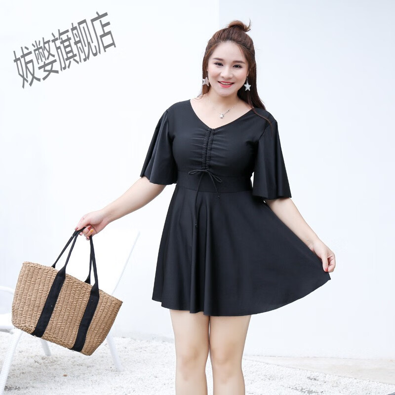 妹妹连体裙式游泳衣胖女人特大码300斤泳装 黑色 3xl(建议120-150斤)