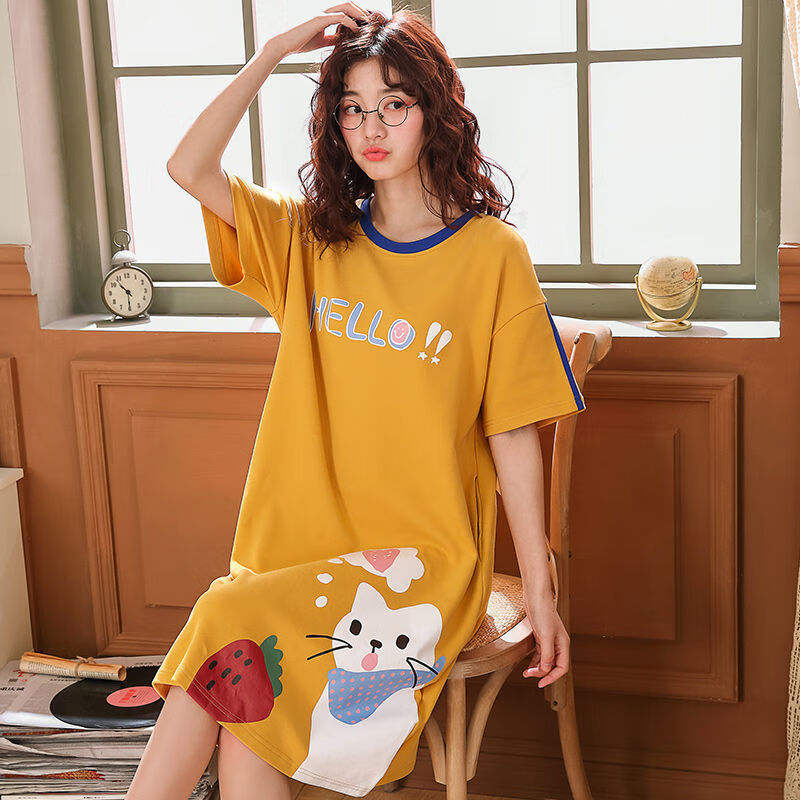 雅旗依女式睡衣夏款女生睡裙可爱韩版短袖纯棉中长款连衣裙子薄款大码