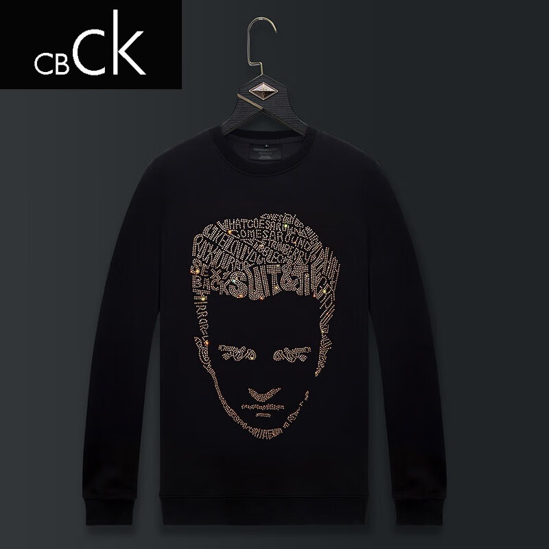 cbck品牌轻奢男装男卫衣春秋款2024新款潮牌烫钻头像黑色圆领重磅中年