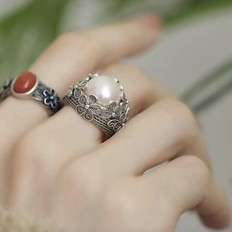钻文化大颗珍珠戒指珍珠2024新款女洋气藏式复古花丝民族风大颗高端感士 珍珠戒指