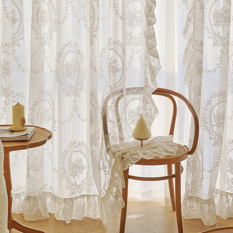 easyfamily 【可定制】法式轻奢蕾丝纱帘窗帘透光不透人卧室阳台ins风