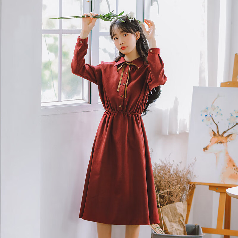 少女连衣裙女春秋款初中学生春秋季2020新款韩版法式芯绒裙子 枣红色
