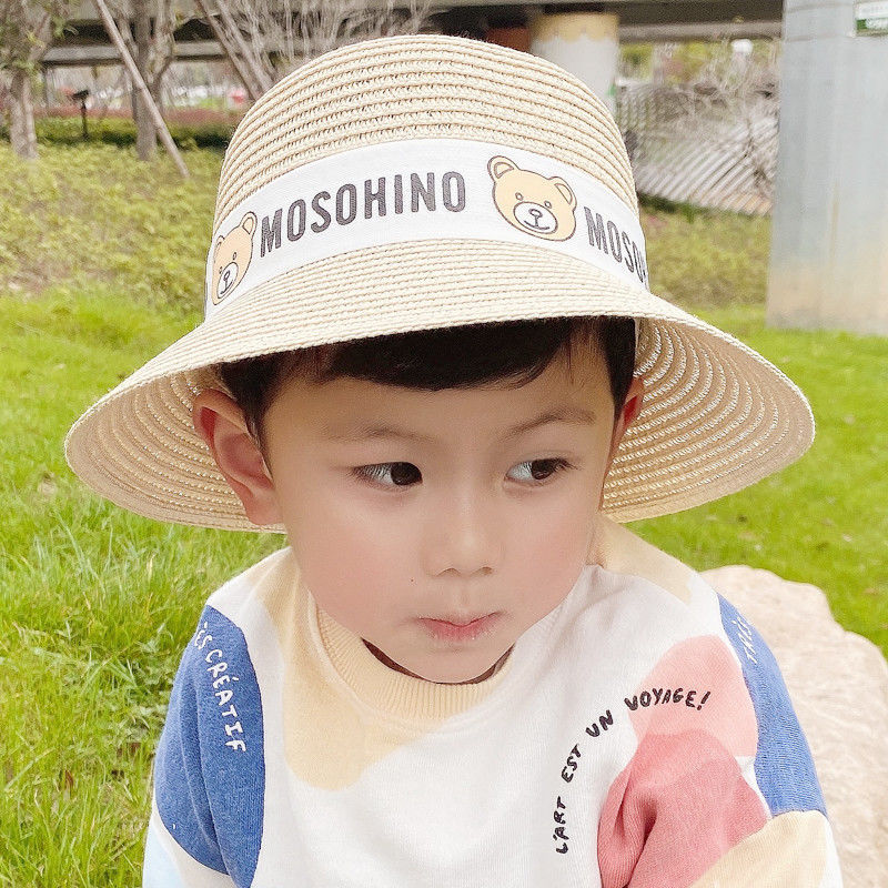 儿童帽子夏天男孩帅气夏薄款男童新款宝宝渔夫帽草帽 白底小熊米色 50