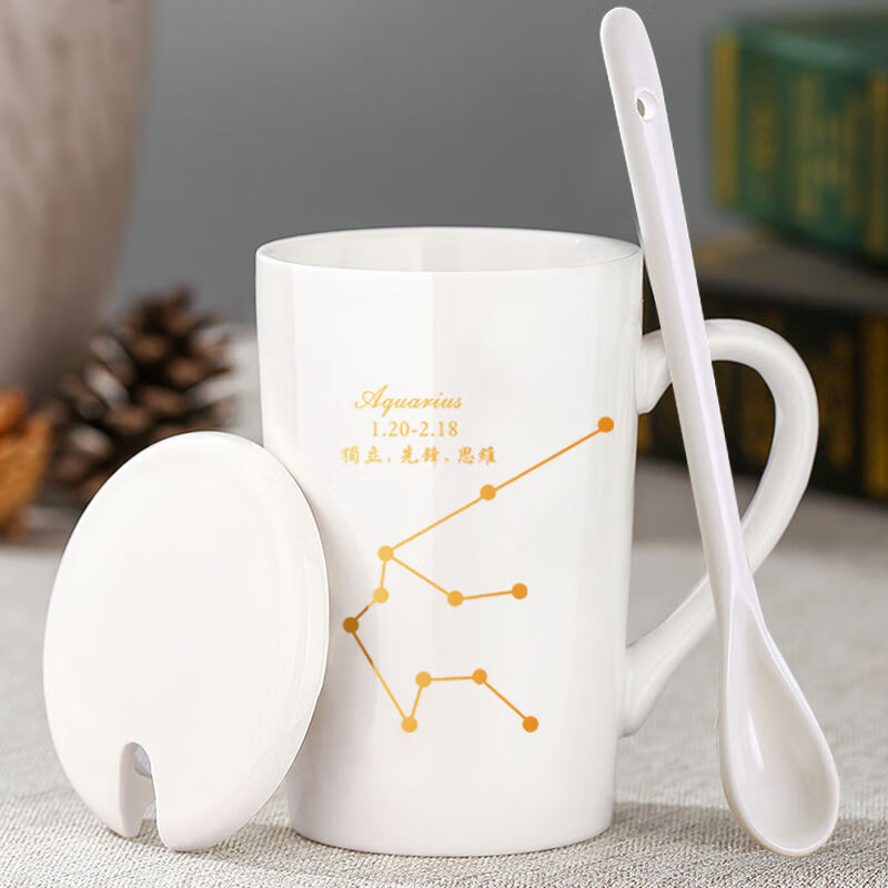 妙普乐创意星座马克杯 星座杯子陶瓷马克杯带盖勺高颜值创意早餐家用