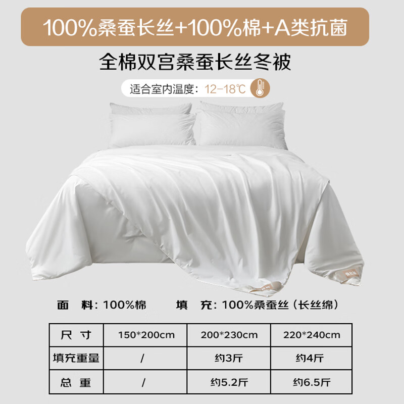 恒源祥被子100%桑蚕丝被全棉子母被二合一结婚春秋被秋冬季被芯四季通用 【冬被】100%桑蚕丝丨抗菌A类 1.5m床/200x230cm
