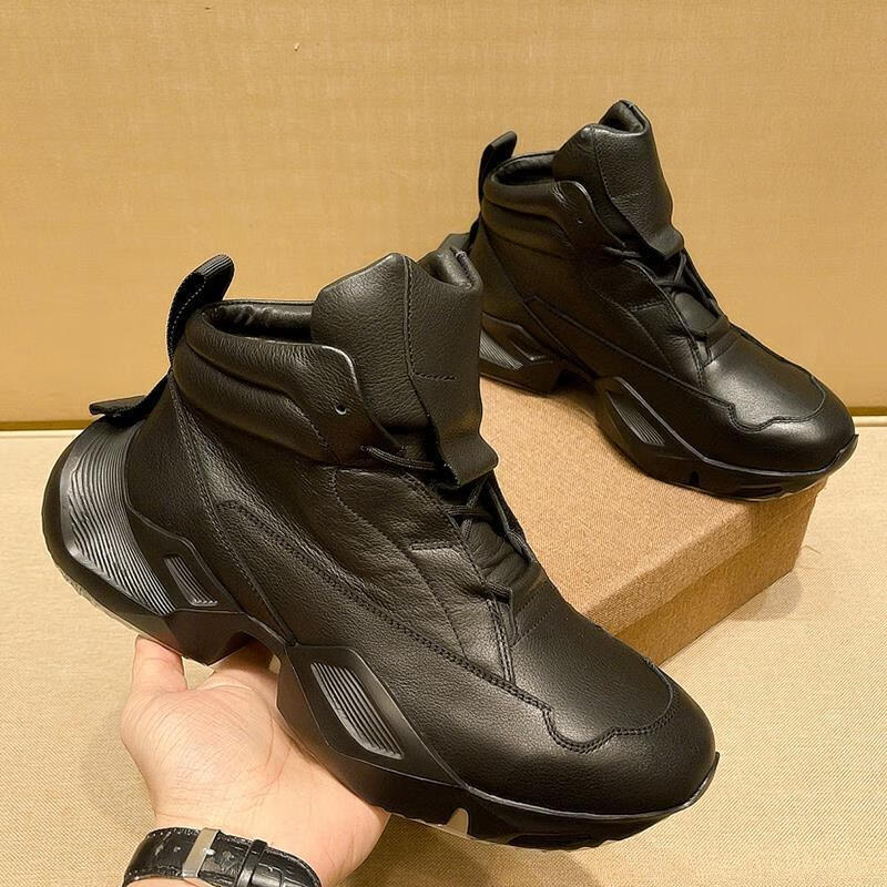 欧洲站黑色老爹鞋男ins潮秋冬设计感厚底增高男鞋真皮运动鞋 黑色 38