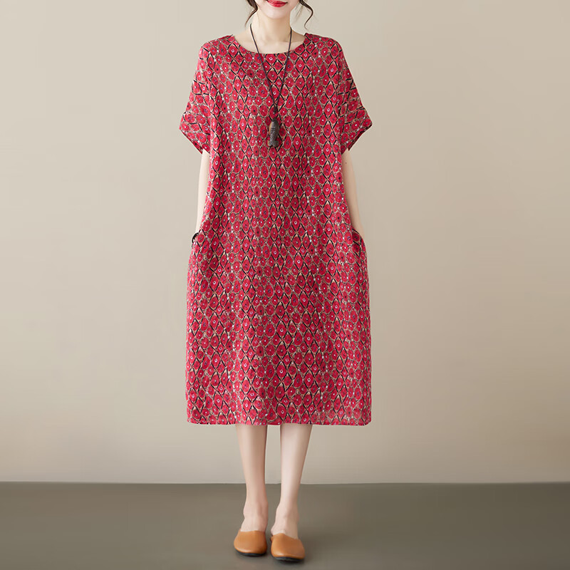 简当（JIANDANG）大码女装夏季胖mm复古红色文艺宽松显瘦休闲圆领连衣裙5898 红色小铜钱 均码 【130-185斤】