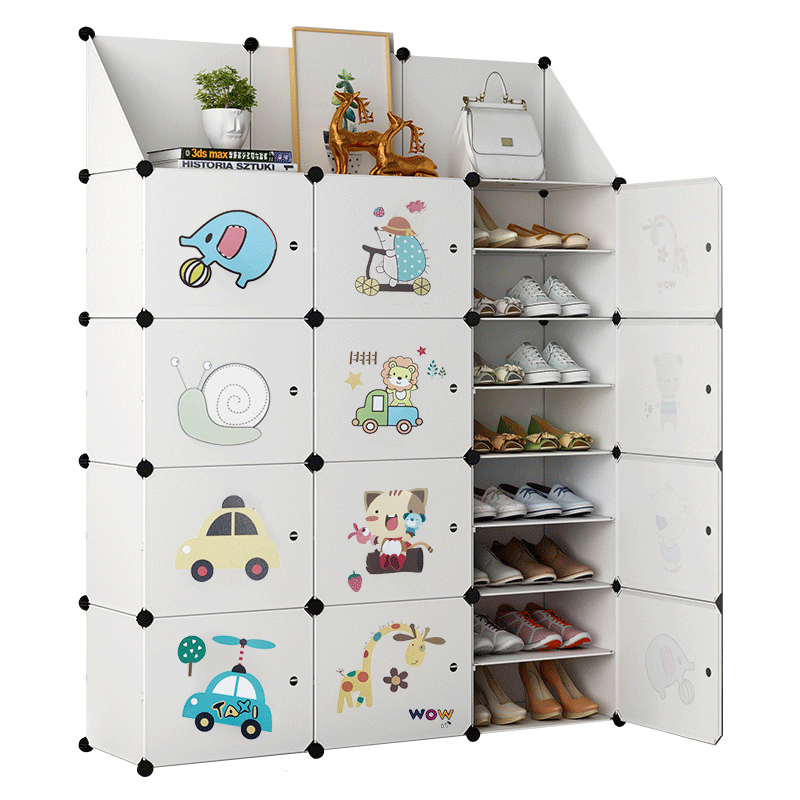 乐活时光 简易鞋架多层组装树脂膜片防尘魔片鞋柜金属支架宿舍家用玄关收纳柜 白色单排4层-卡通动物