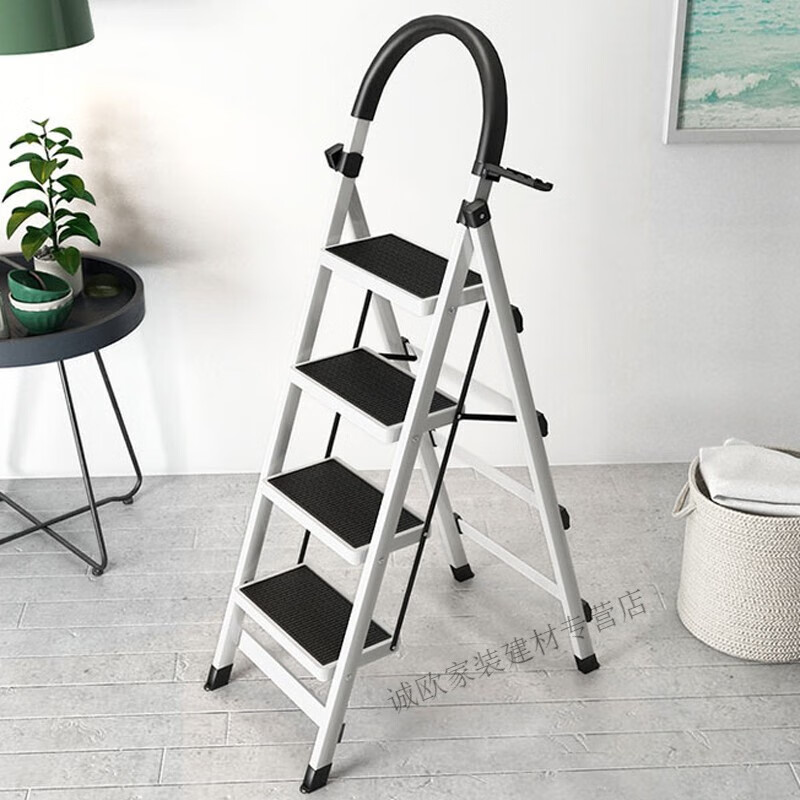 鲁普顿梯子家用折叠伸缩梯人字梯加厚室内多功能梯楼梯 白色四层