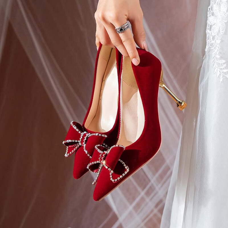 九寸阳光 中式婚鞋女2024年新款酒红色高跟鞋秀禾婚纱两穿新娘鞋桃夭 （8172）6CM红色【36码】