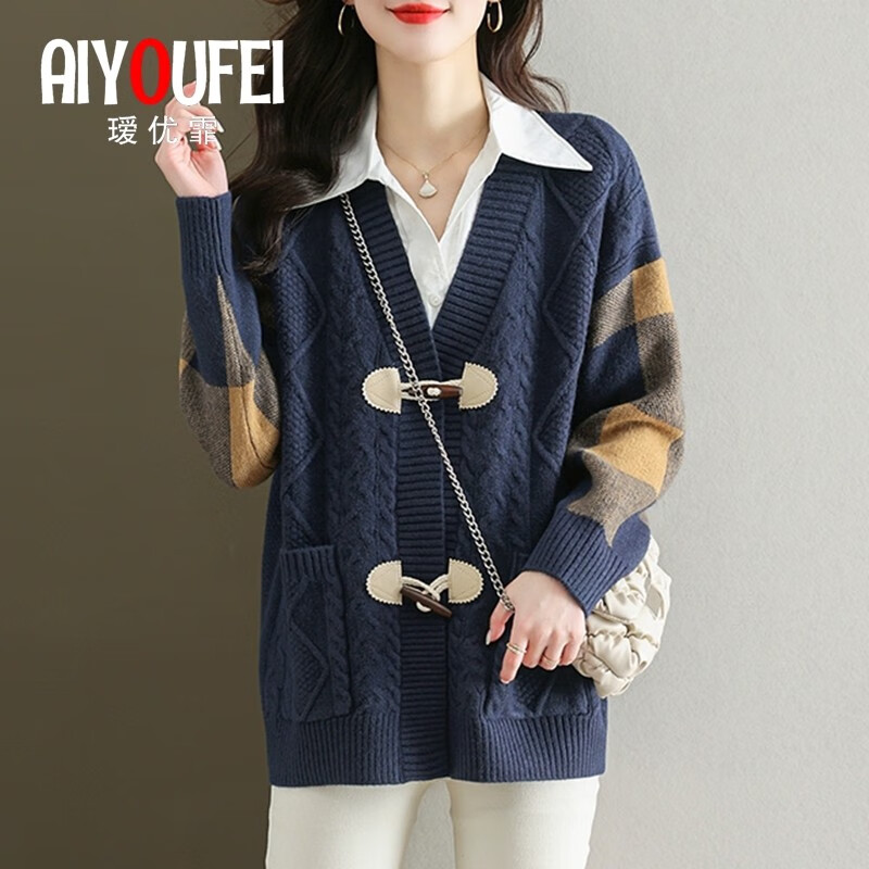 瑷优霏(aiyoufei)针织衫女开衫春秋装新款慵懒风宽松二八月外穿毛衣外套女中长款 藏青色 3XL 建议135-145斤左右