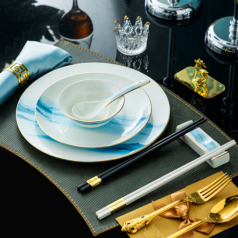 中式高档摆台盘子碗筷勺酒店会所定制骨瓷餐具碗碟 国宴山川秀水摆台