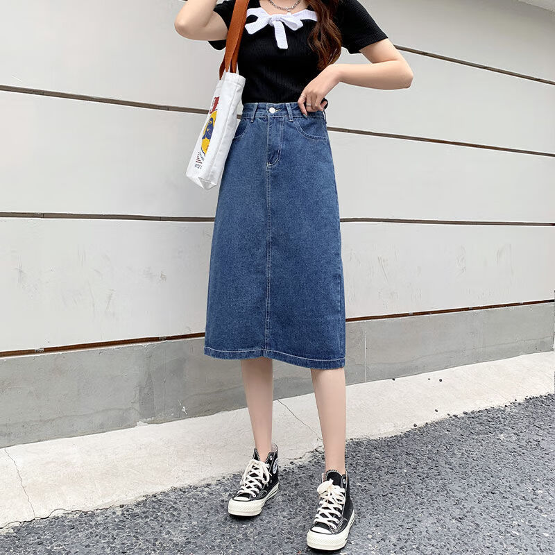 伊渊浅春夏小个子显高半身中长款牛仔裙穿搭a字裙复古蓝2023春季高腰