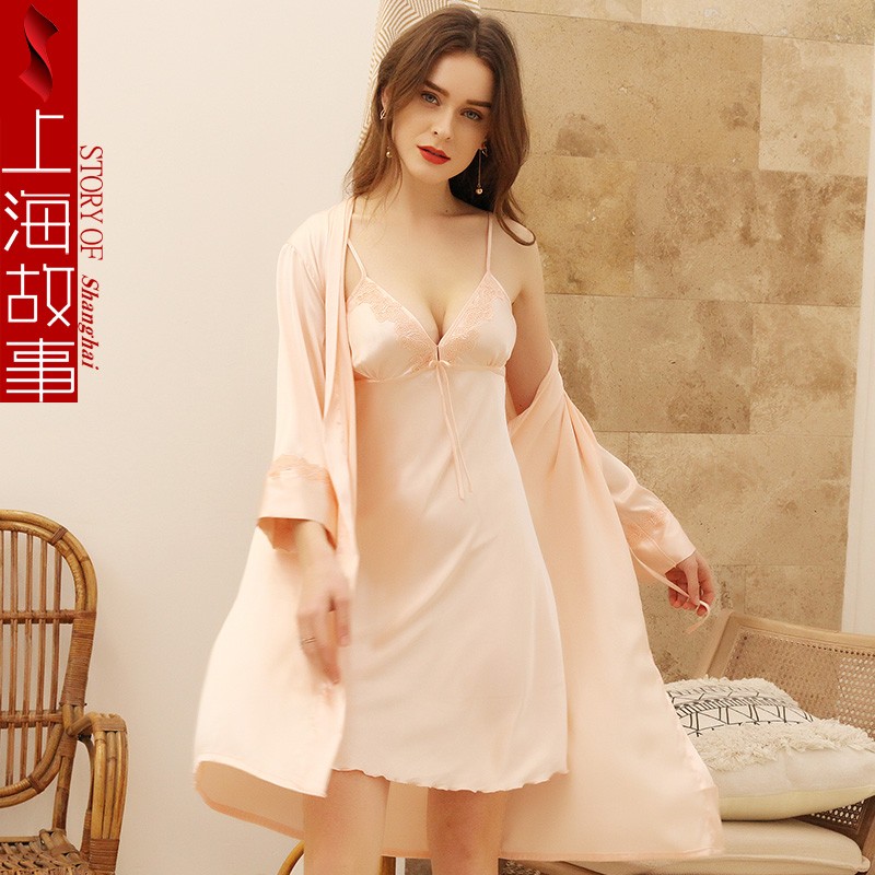 上海故事仿 真丝睡衣女夏性感吊带睡衣女士家居服睡裙两件套 柔粉（两件套均码） 均码