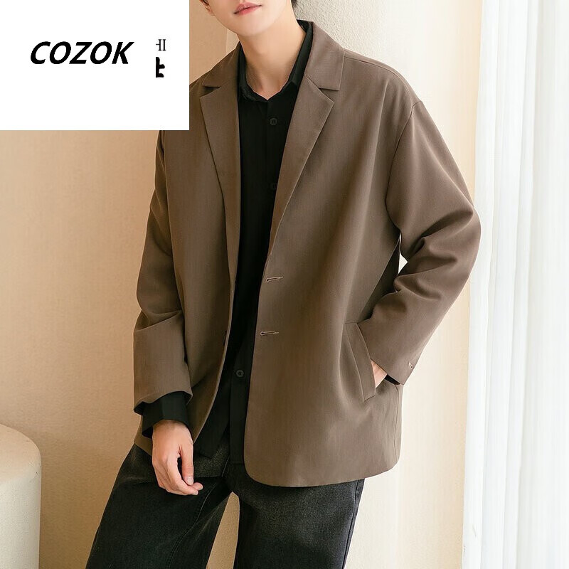 款小西装上衣男韩版百搭春秋季学生外套潮流宽松帅气男生休闲 棕色 s