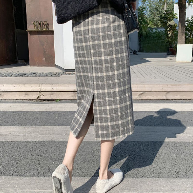 冈蹈毛呢格子半身裙女秋冬款款中长款过膝开叉一步裙直筒包臀裙 灰色