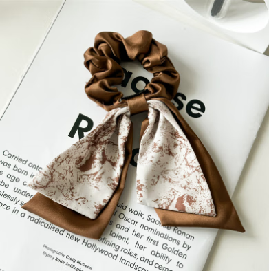 韓萊緹(HLT)法式飄帶發(fā)帶女綁發(fā)扎馬尾頭繩絲巾發(fā)圈蝴蝶結發(fā)繩頭飾202 中式 國潮咖色 B02-104