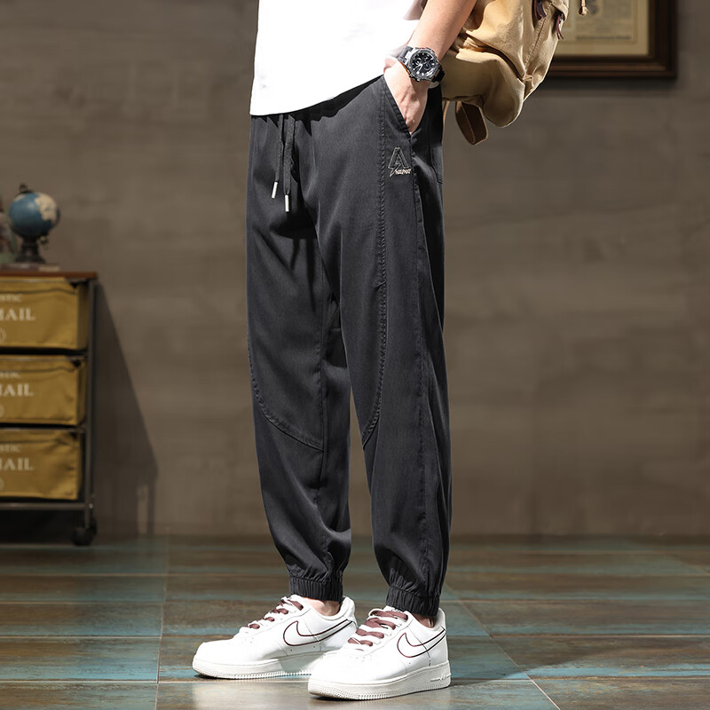 花犯文青服饰薄款天丝休闲裤男冰丝哈伦裤宽松大码胖子束脚工装裤潮牌