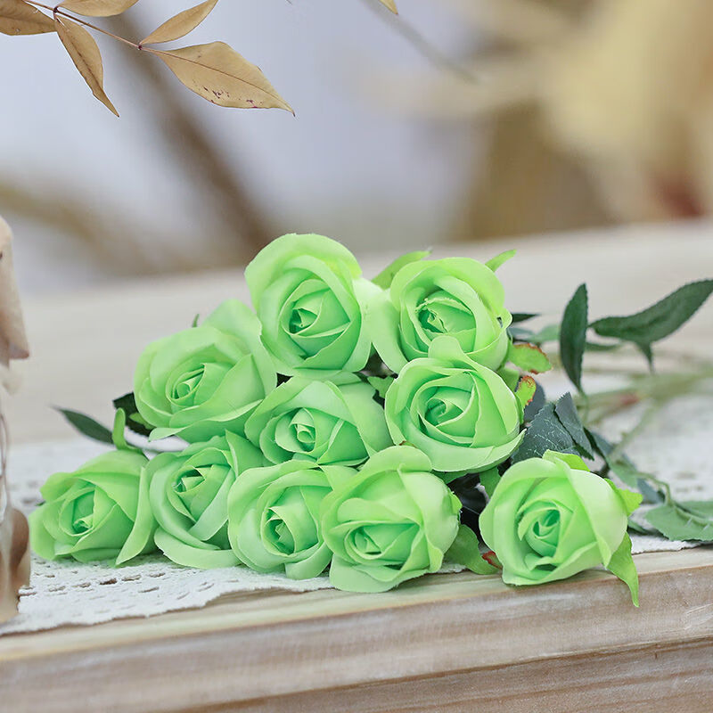 玫瑰花室内绢花客厅婚庆装饰花摆件插花花艺摆设 10枝雪山玫瑰(绿色)