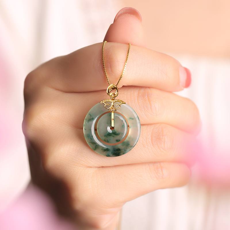 snqp翡翠吊坠女平安扣挂坠18镶玉坠冰种飘花子母扣项链 金黄镶嵌银链