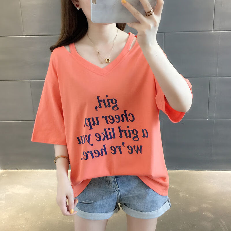 璀典胖女孩穿的显瘦大码t恤女胖mm大码宽松遮肚上衣显瘦v领短袖t恤夏