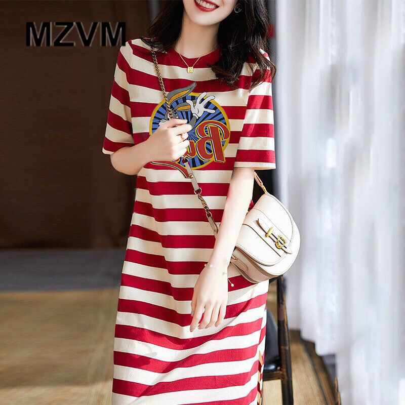 ledp香港潮牌女装气质t恤裙潮条纹连衣裙宽松显瘦中长裙子女夏季 红色
