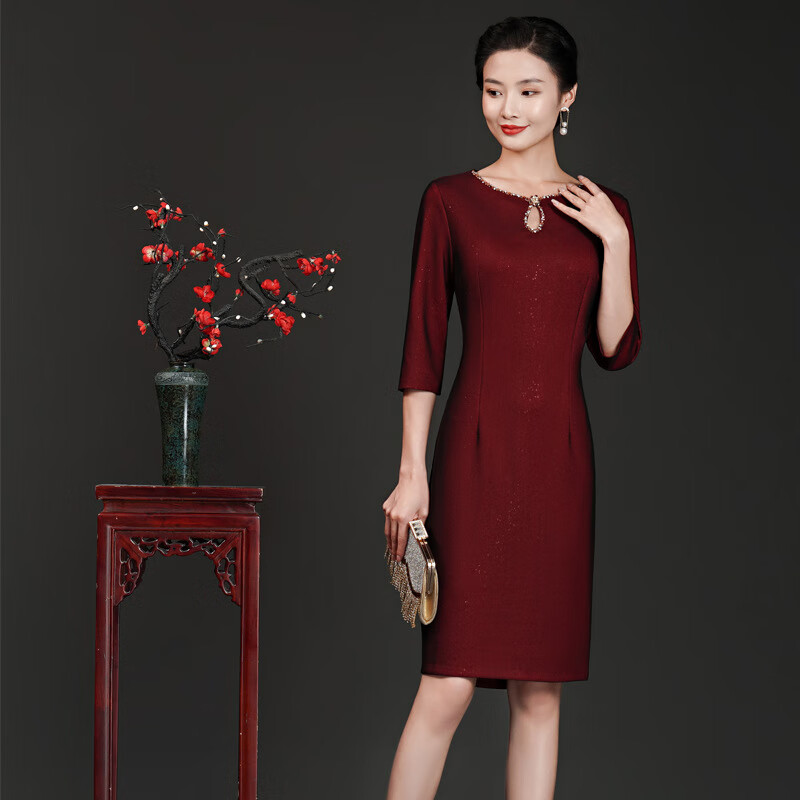 戴丽格24春季新款高贵优雅气质喜婆婆礼服婚宴连衣裙 酒红色 m