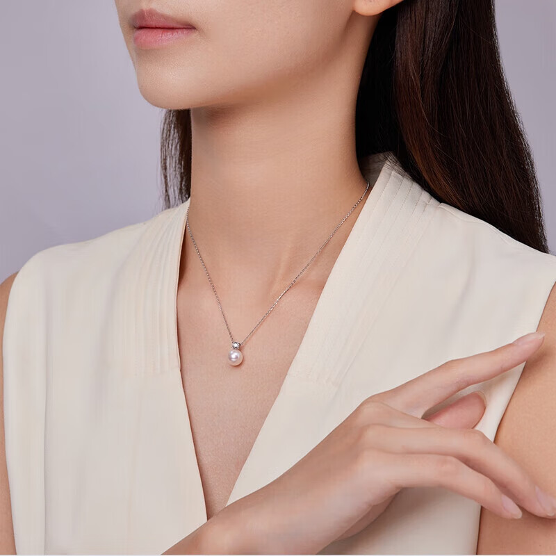 珍珠皇后Akoya海水珍珠项链18K金镶钻石吊坠戴妃款生日礼物送女朋友 白色18K金【8.5-9mm】