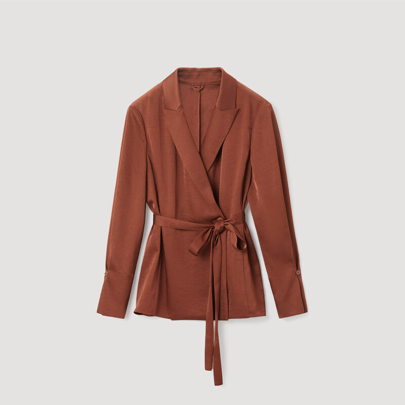 OVV2023春夏新款女装缎面三醋酸优雅休闲戗驳领随附腰带西服 红棕(净色)03 XS