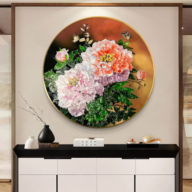 富贵牡丹花图客厅挂画餐厅壁画 《花开富贵》 拉丝金色-合金框直径