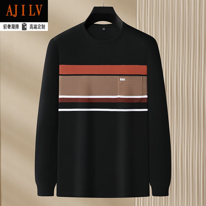 ajilv品牌轻奢男装春季新款双面棉涤珠花面料条纹圆领长袖t恤胸前真口