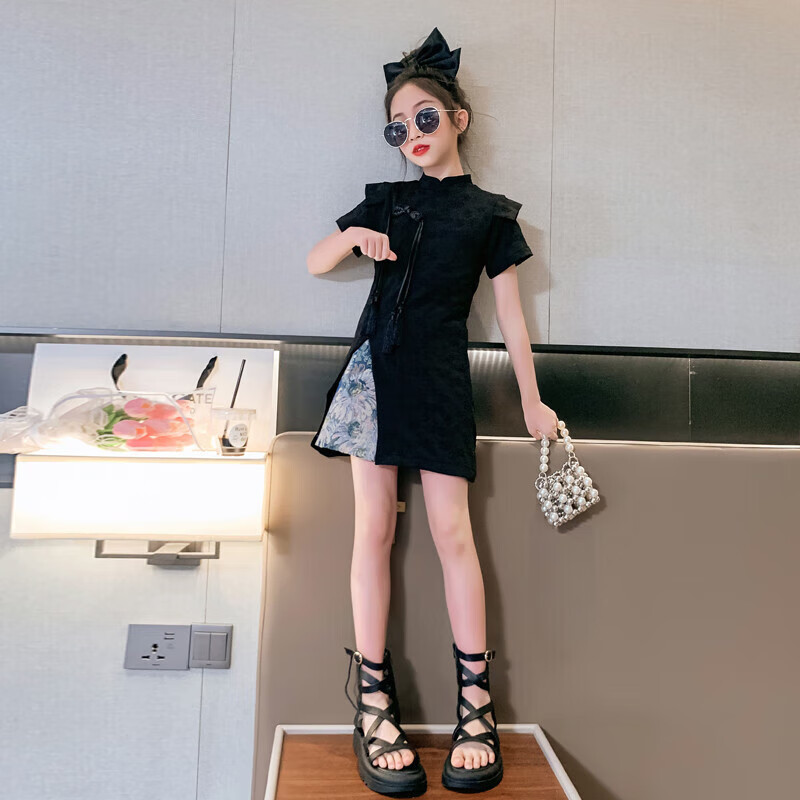 麦潮尚女童旗袍t台走秀潮服酷飒爵士服装女孩演出服套装少儿模特表