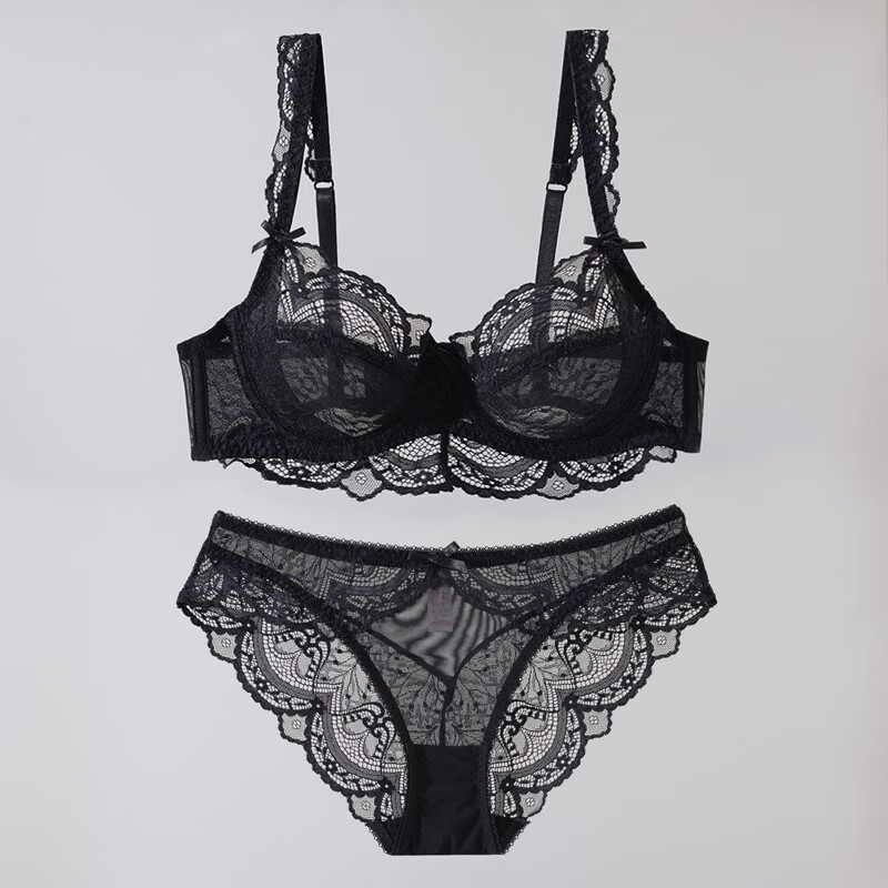 街性感惑蕾丝白色文胸套装大胸显小上托防下垂胸内衣女 黑色套装 75a