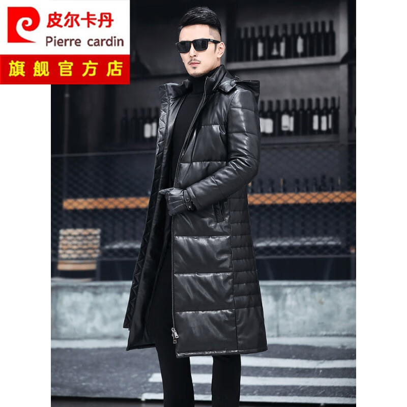 皮爾卡丹2023新款海寧真皮皮衣男士羽絨服綿羊皮過膝長款拆卸連帽大衣外套 黑色 長款 3XL 185
