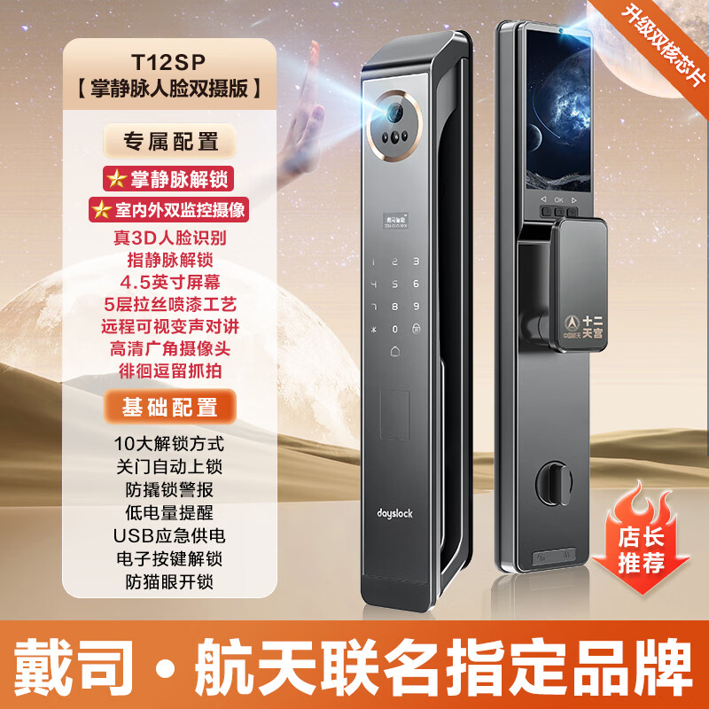 戴司智能鎖人臉識別指紋鎖家用防盜門(mén)指靜脈電子鎖密碼鎖智能門(mén)鎖 T12SP掌靜脈雙攝版掌靜脈+指