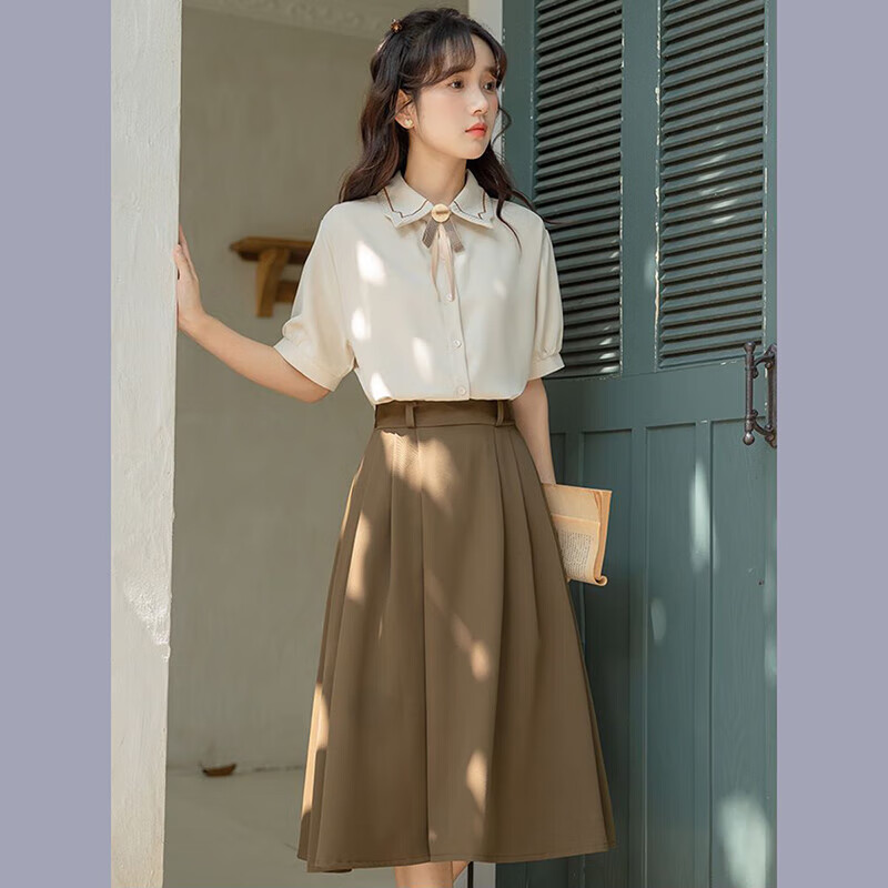 璇醇女大學生教師招聘面試服裝教資職業(yè)裝套裝襯衫畢業(yè)答辯正式衣服 杏色襯衫+咖色裙子 XL