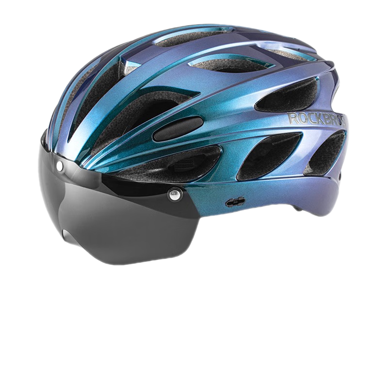 洛克兄弟 騎行頭盔帶風鏡山地公路自行車頭盔男女一體成型炫彩安全帽 漸變藍：58-62cm 灰色+透明鏡片