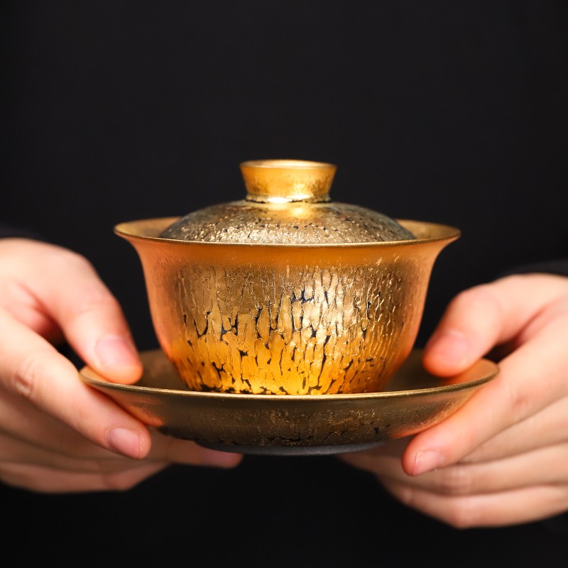 蕊融手工24k黄金盏泡茶碗天目窑变大号三才盖碗泡茶金杯手抓碗 曾广旭