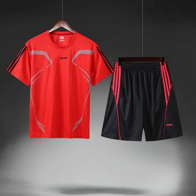休闲运动装套装男士运动三道杠儿童短袖运动服速干跑步健身夏季 红色 M