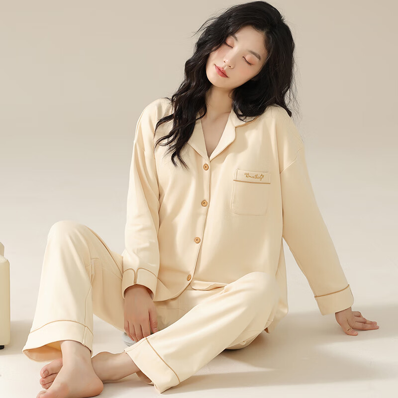 猫人莼棉睡衣女 自带胸垫春秋新款长袖翻领开衫 可外穿家居服大码套装 奶杏色【纯棉紧密 | 自带胸垫】 XL
