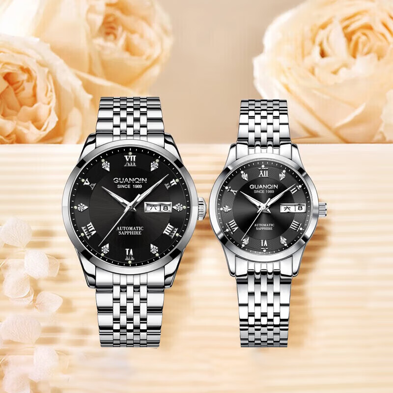 冠琴（GUANQIN）手表男士全自动机械表瑞士名表十大品牌进口机芯夜光防水高端男表 【典藏版】百搭黑色情侣对表【升级进口机芯】